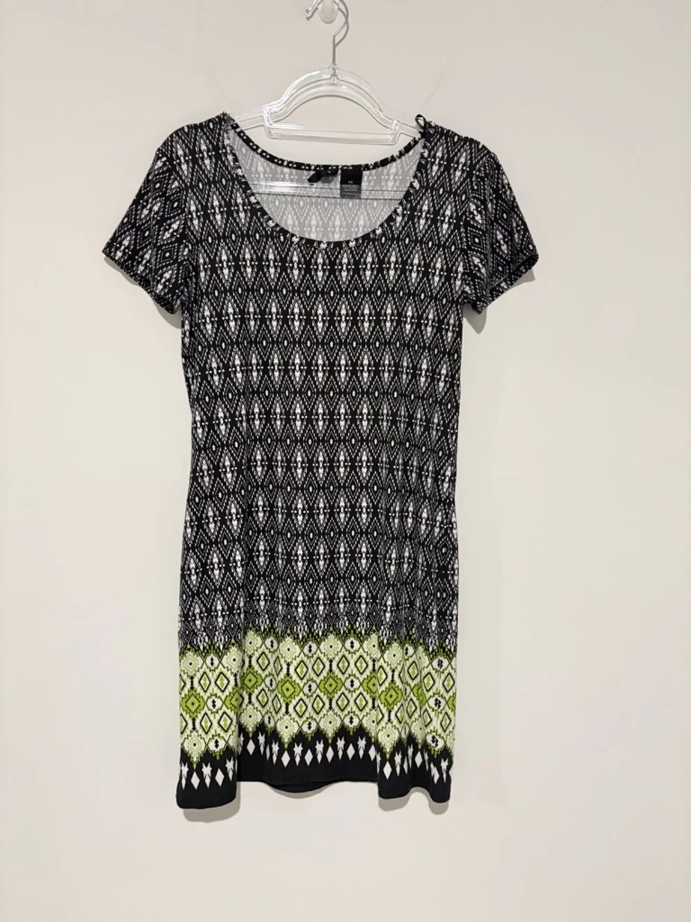 New directions soft ikat geometric short sleeve dress black green‎ petite small